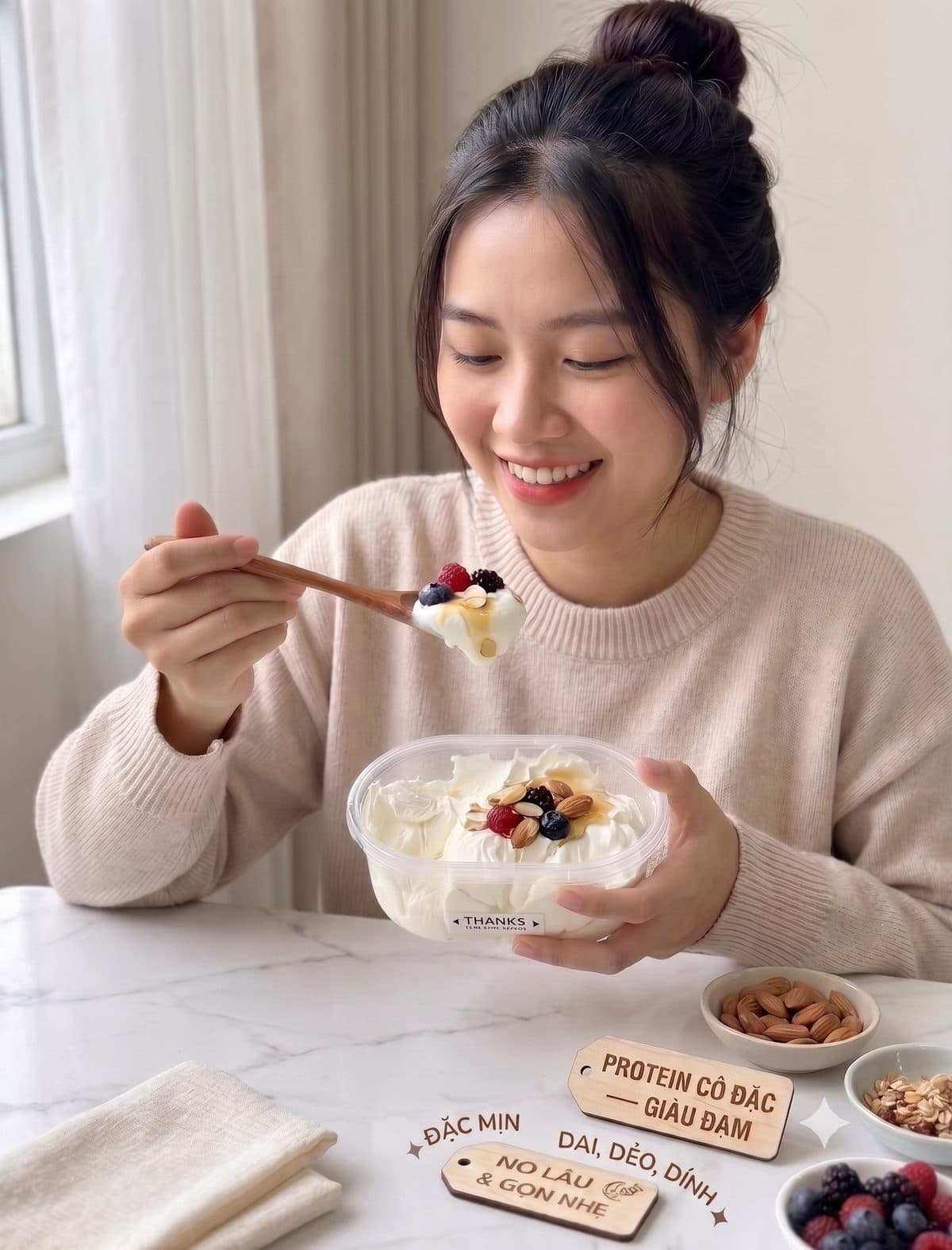 Khách xúc thìa sữa chua Hy Lạp RiAn đặc mịn kèm quả mọng và hạt
