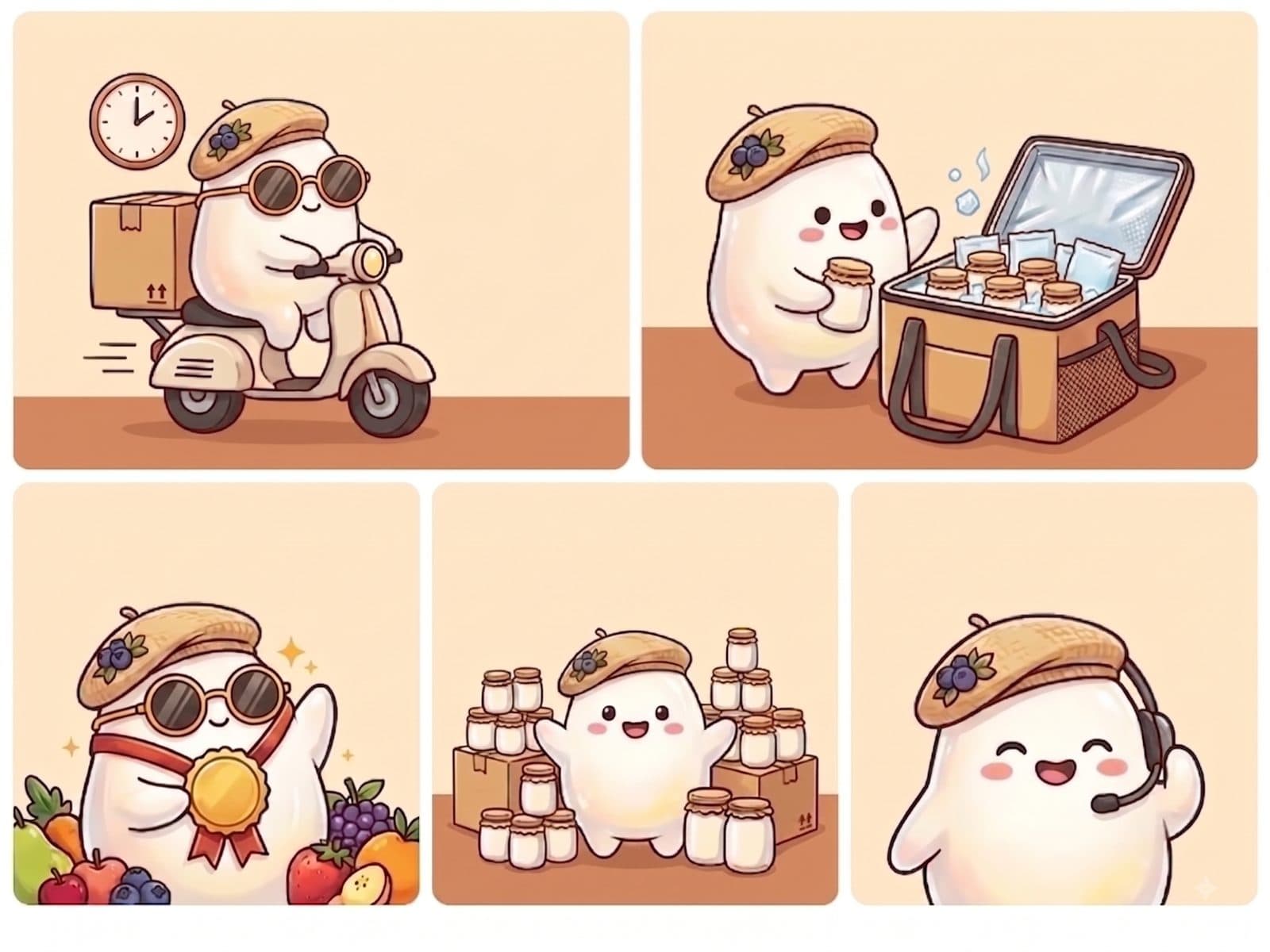 Minh hoạ RiAn giao hàng giữ lạnh: shipper, túi giữ nhiệt có đá gel, hũ sữa chua đóng thùng